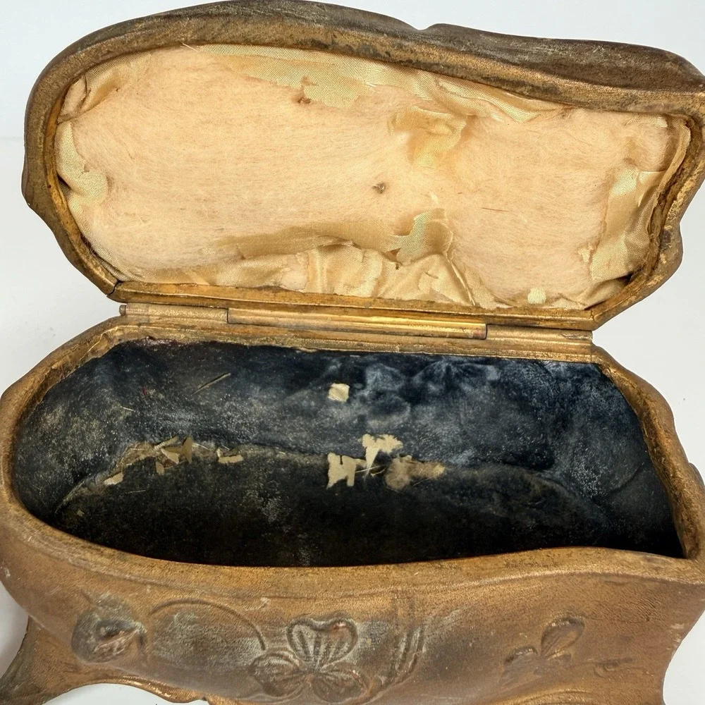 2 Antique Victorian Jewelry Trinket Box Art Nouveau Casket Gold Gilt Floral Rose